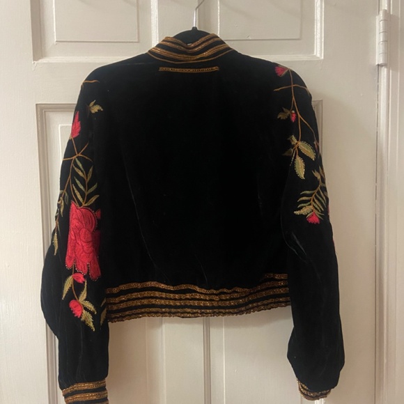 Anthropologie jacket velvet black bomber red xxs beaded - Picture 4 of 6